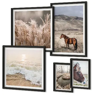 Modernes Wandbilder-Set mit Landschaften, Pferden und Wasser
