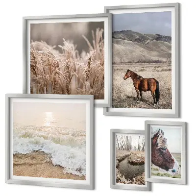 Modernes Wandbilder-Set mit Landschaften, Pferden und Wasser