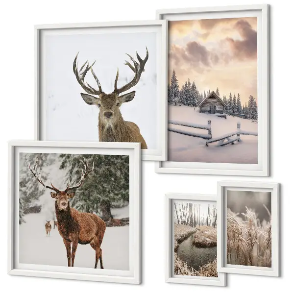 Modernes Wandbilder-Set mit verschneiten Winterlandschaften und Hirschen