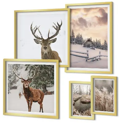 Modernes Wandbilder-Set mit verschneiten Winterlandschaften und Hirschen