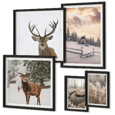Modernes Wandbilder-Set mit verschneiten Winterlandschaften und Hirschen