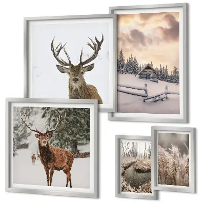 Modernes Wandbilder-Set mit verschneiten Winterlandschaften und Hirschen