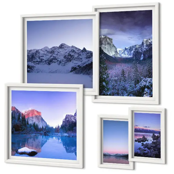 Modernes Wandbilder-Set mit Motiven von Bergseen, Wäldern und Landschaften
