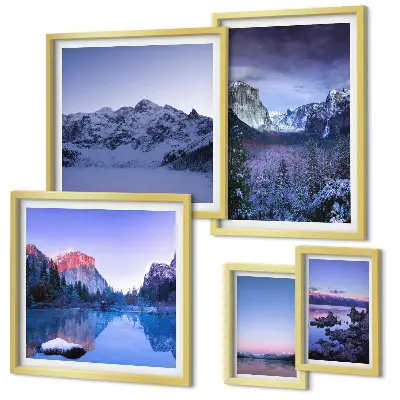 Modernes Wandbilder-Set mit Motiven von Bergseen, Wäldern und Landschaften