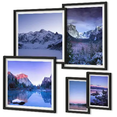 Modernes Wandbilder-Set mit Motiven von Bergseen, Wäldern und Landschaften