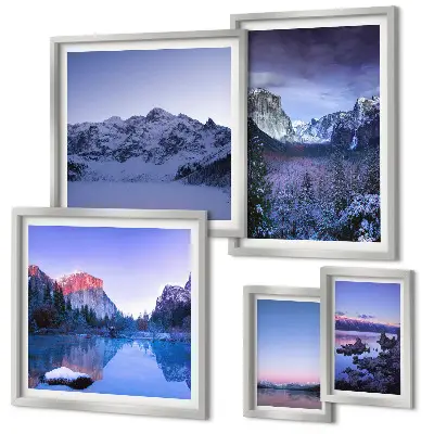 Modernes Wandbilder-Set mit Motiven von Bergseen, Wäldern und Landschaften