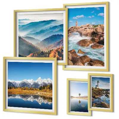 Modernes Wandbilder-Set mit natürlichen Bergen und Leuchttürmen am Meer