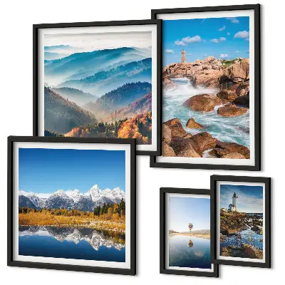 Modernes Wandbilder-Set mit natürlichen Bergen und Leuchttürmen am Meer