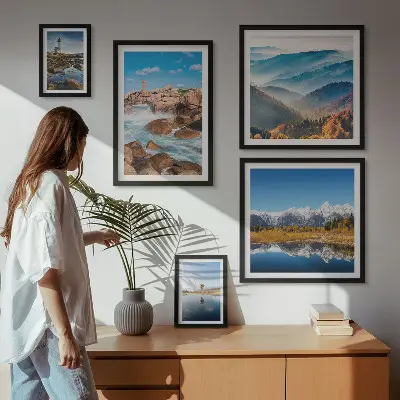 Modernes Wandbilder-Set mit natürlichen Bergen und Leuchttürmen am Meer