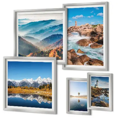 Modernes Wandbilder-Set mit natürlichen Bergen und Leuchttürmen am Meer