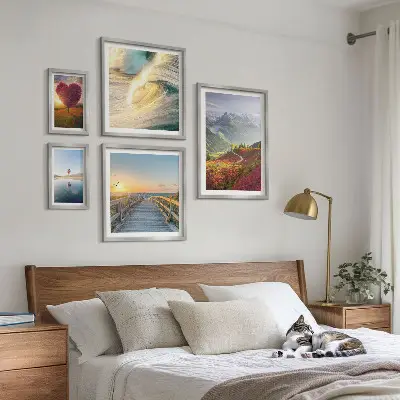 Modernes Wandbilderset mit Motiven von Landschaften, Bergen, Herzen, Wellen und Ballons