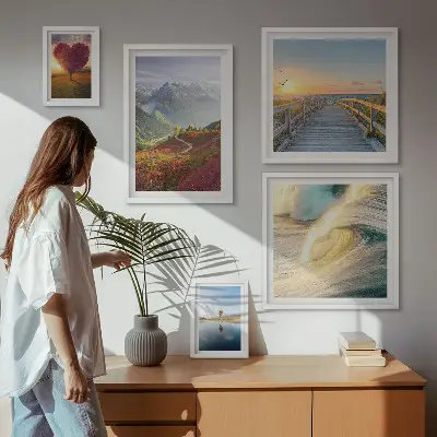 Modernes Wandbilderset mit Motiven von Landschaften, Bergen, Herzen, Wellen und Ballons