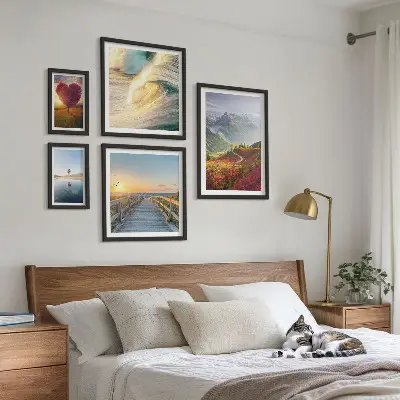 Modernes Wandbilderset mit Motiven von Landschaften, Bergen, Herzen, Wellen und Ballons