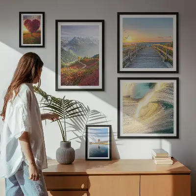 Modernes Wandbilderset mit Motiven von Landschaften, Bergen, Herzen, Wellen und Ballons