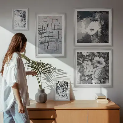 Bilderset fürs Sofa abstrakte Blumen und modernes Porträt