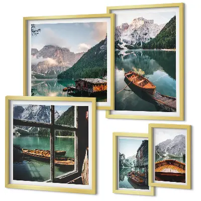Wandbilder-Set mit Motiven von Seen, Bergen, Booten und Landschaften