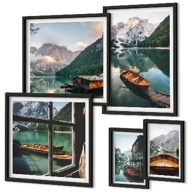 Wandbilder-Set mit Motiven von Seen, Bergen, Booten und Landschaften