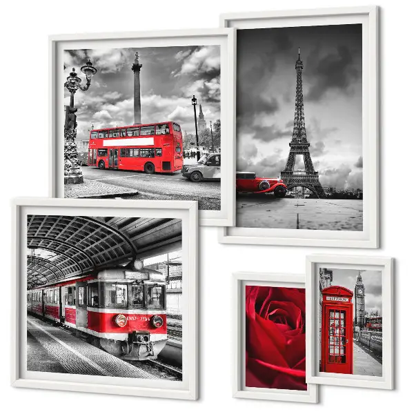 Modernes Wandbilder-Set mit architektonischen Ikonen und Fahrzeugen