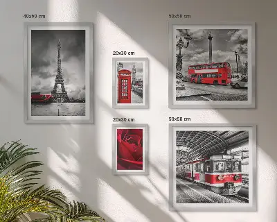 Modernes Wandbilder-Set mit architektonischen Ikonen und Fahrzeugen