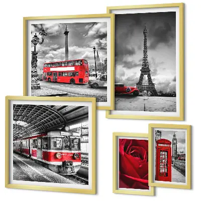 Modernes Wandbilder-Set mit architektonischen Ikonen und Fahrzeugen