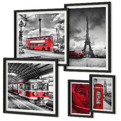 Modernes Wandbilder-Set mit architektonischen Ikonen und Fahrzeugen