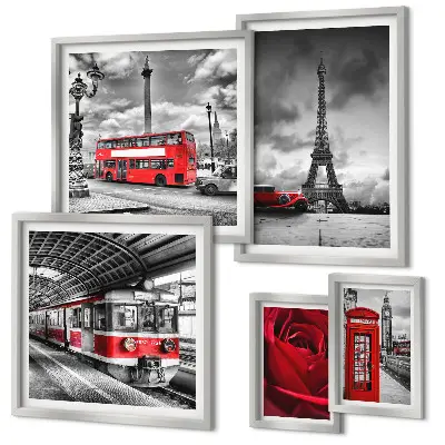 Modernes Wandbilder-Set mit architektonischen Ikonen und Fahrzeugen