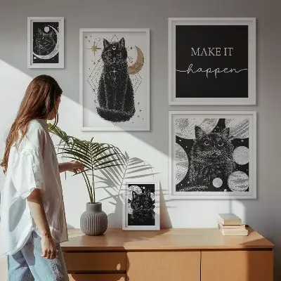 Bilder-Set für das Sofa schwarze Katzen im Boho-Stil