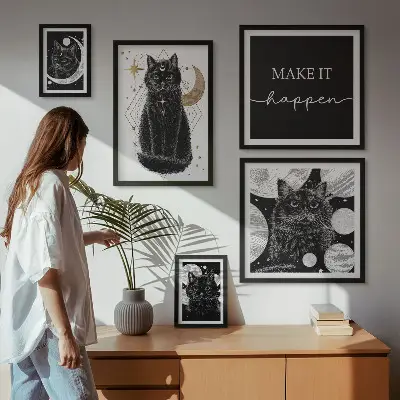 Bilder-Set für das Sofa schwarze Katzen im Boho-Stil