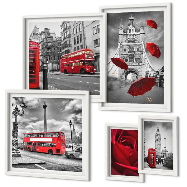 Modernes Wandbilder-Set mit Londoner Motiven und roten Akzenten
