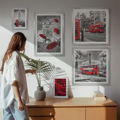 Modernes Wandbilder-Set mit Londoner Motiven und roten Akzenten