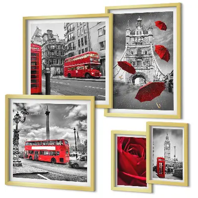 Modernes Wandbilder-Set mit Londoner Motiven und roten Akzenten