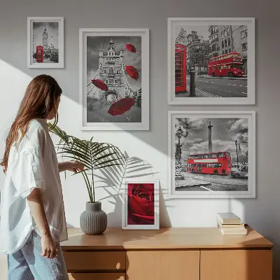 Modernes Wandbilder-Set mit Londoner Motiven und roten Akzenten