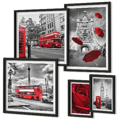 Modernes Wandbilder-Set mit Londoner Motiven und roten Akzenten