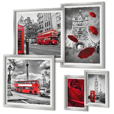 Modernes Wandbilder-Set mit Londoner Motiven und roten Akzenten