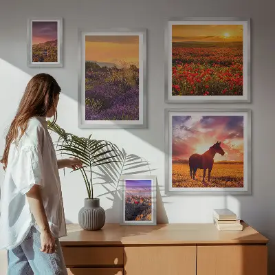 Bilderset fürs Sofa mit Naturlandschaften, Pferden und Blumen