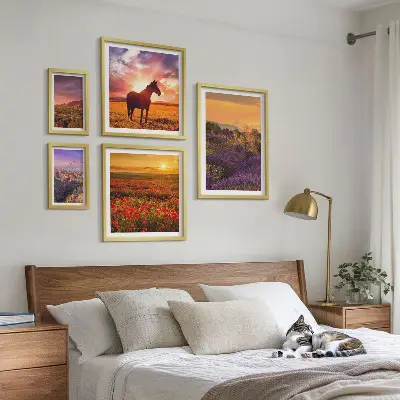 Bilderset fürs Sofa mit Naturlandschaften, Pferden und Blumen