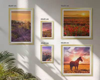 Bilderset fürs Sofa mit Naturlandschaften, Pferden und Blumen