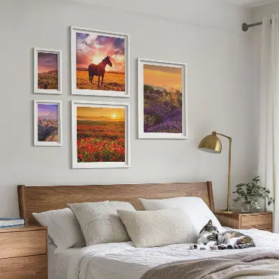 Bilderset fürs Sofa mit Naturlandschaften, Pferden und Blumen