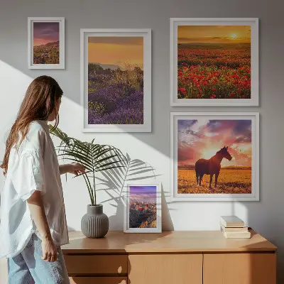 Bilderset fürs Sofa mit Naturlandschaften, Pferden und Blumen