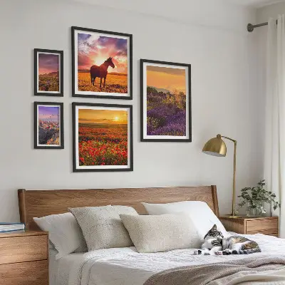 Bilderset fürs Sofa mit Naturlandschaften, Pferden und Blumen