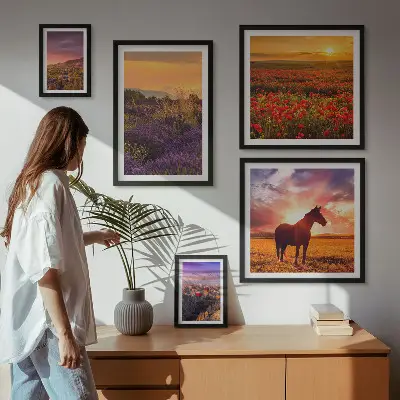 Bilderset fürs Sofa mit Naturlandschaften, Pferden und Blumen