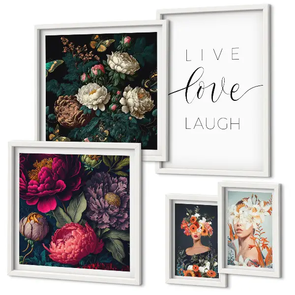 Bildergalerie-Set für die Wand mit motivierenden Slogans und Blumenmotiven