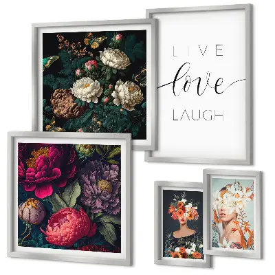 Bildergalerie-Set für die Wand mit motivierenden Slogans und Blumenmotiven