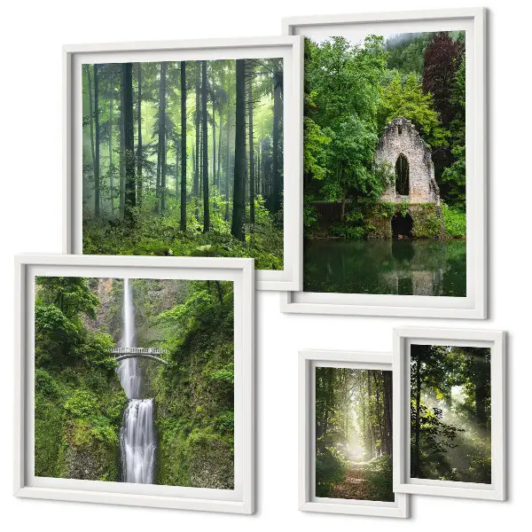 Modernes Wandbilderset mit grünen Wäldern und Wasserfällen aus der Natur