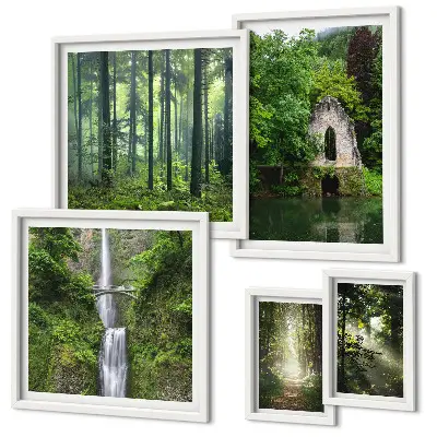 Modernes Wandbilderset mit grünen Wäldern und Wasserfällen aus der Natur