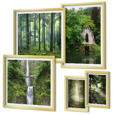 Modernes Wandbilderset mit grünen Wäldern und Wasserfällen aus der Natur