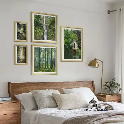 Modernes Wandbilderset mit grünen Wäldern und Wasserfällen aus der Natur