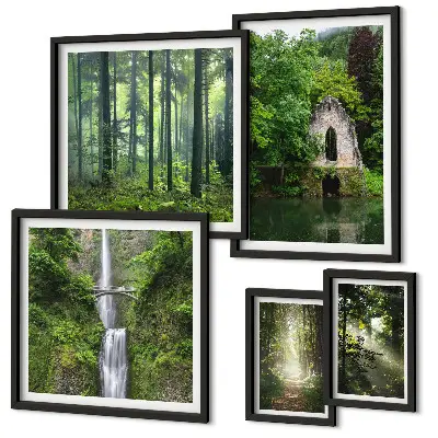 Modernes Wandbilderset mit grünen Wäldern und Wasserfällen aus der Natur