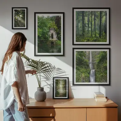 Modernes Wandbilderset mit grünen Wäldern und Wasserfällen aus der Natur