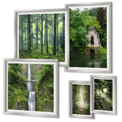 Modernes Wandbilderset mit grünen Wäldern und Wasserfällen aus der Natur